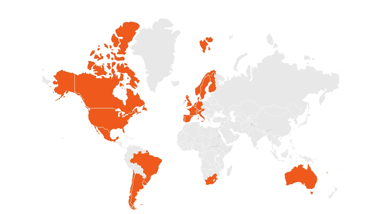 Mappa del mondo con i paesi in cui The LEAGUE offre i propri servizi